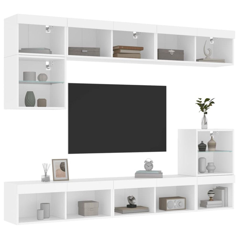 Vidaxl 8-dielne TV nástenné skrinky s LED biele kompozitné drevo